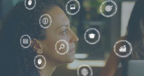 Mature businesswoman listening and focusing with digital ui icons showing leadership