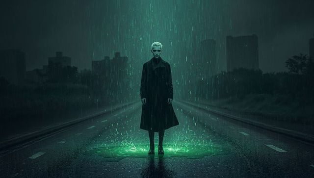 Solitary figure standing in neon green rain on empty urban road at night cinematic noir mood