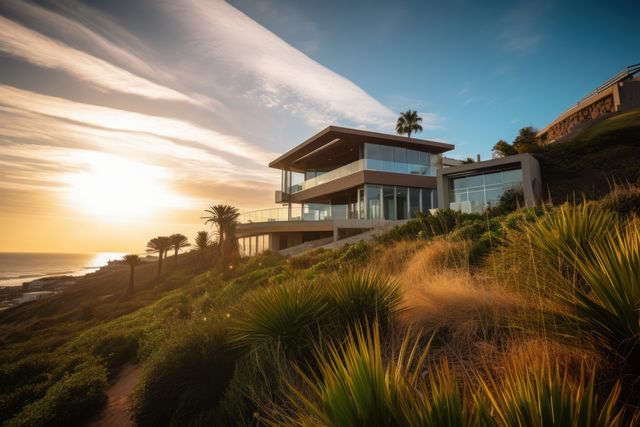 A modern beach house with large glass windows offering a magnificent ocean view during sunset. The luxury home is surrounded by tropical plants and palm trees, situated on a hillside overlooking the ocean. Ideal for ads or articles about luxury real estate, vacation destinations, coastal living, and architectural design inspirations.