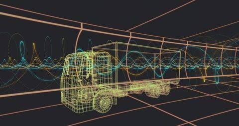 Futuristic Wireframe Cargo Truck in Digital Grid Tunnel