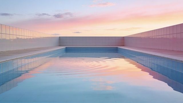 Rooftop pool reflecting pastel sunset with calm ripples and minimal symmetry