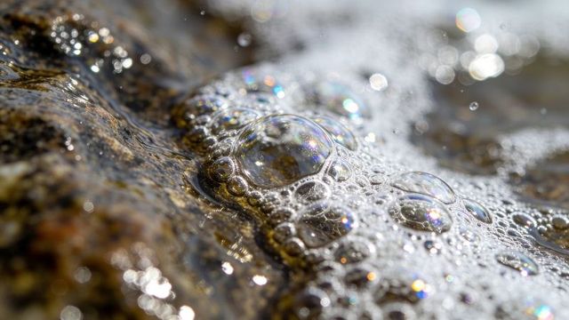 Iridescent bubbles shimmering on wet rock at stream edge with rainbow bokeh texture