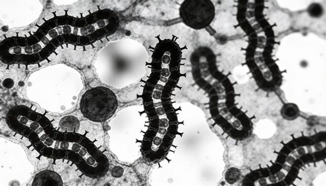 High-contrast micrograph displaying segmented filaments with spikes in nanoscale scaffold