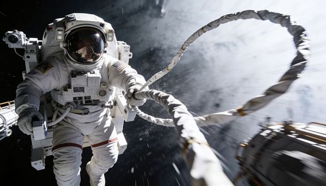 Astronaut Floating Outside Spacecraft Managing Tethers During Extravehicular Repair