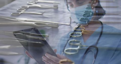 Clinician reviewing digital notes in operating room prep with surgical instruments overlay