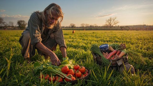 Senior Farmer Sorting Fresh Harvest at Sunset Field Baskets of Organic Vegetables