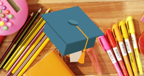 Animated Graduation Cap and School Stationery Concept