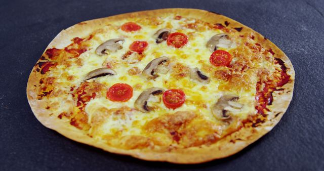 Cheese Pizza with Tomatoes and Mushrooms on Black Background - Download Free Stock Images Pikwizard.com