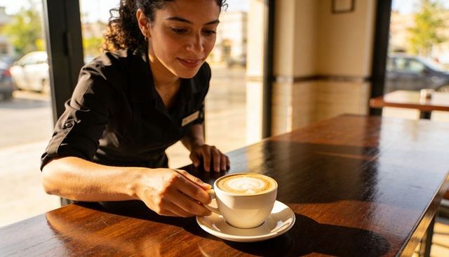 Sunlit barista placing latte on wooden counter by window, warm coffee shop service