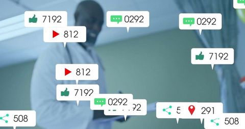 Doctor in exam room with digital social media interaction overlay