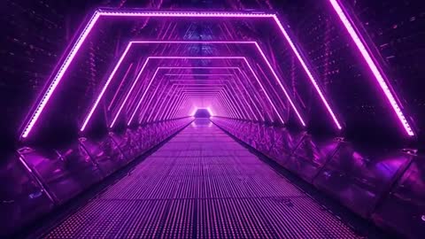 Gliding through neon tunnel toward glowing portal in magenta LED corridor
