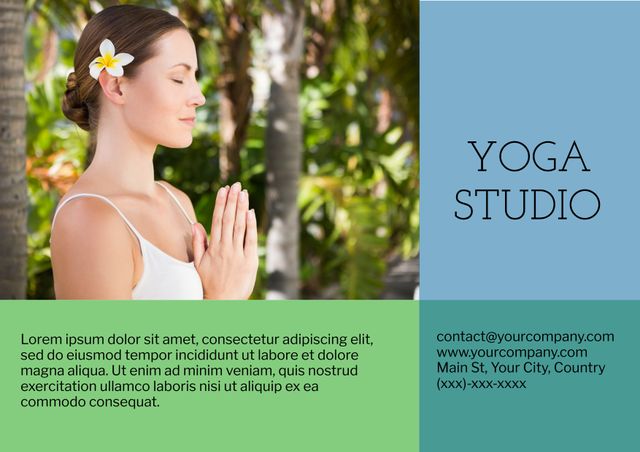 This visual highlights a serene woman practicing yoga, reflecting peace and focus. Useful for promoting wellness centers, yoga studios, mindfulness workshops, and fitness communities seeking to convey a sense of balance and tranquility. Perfect for advertisements, brochures, websites, and social media campaigns aimed at promoting a healthy and mindful lifestyle.