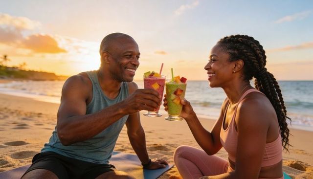 Couple toasting colorful smoothies on tropical beach at sunset after yoga session