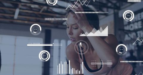 Female Athlete Monitoring Workout Metrics on Augmented Reality Fitness Analytics Dashboard