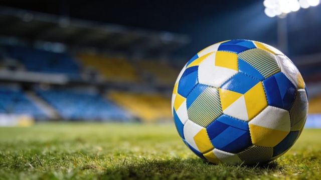 Soccer ball on night turf under floodlights with blue and yellow geometric panels