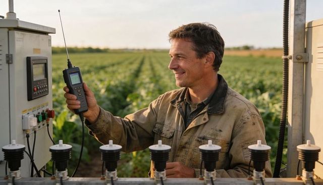 Field technician adjusting irrigation controller with handheld radio in green crop row