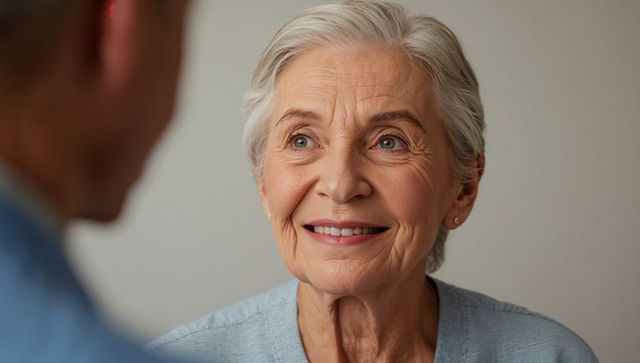 Comforting connection between silver-haired woman and partner smiling while listening