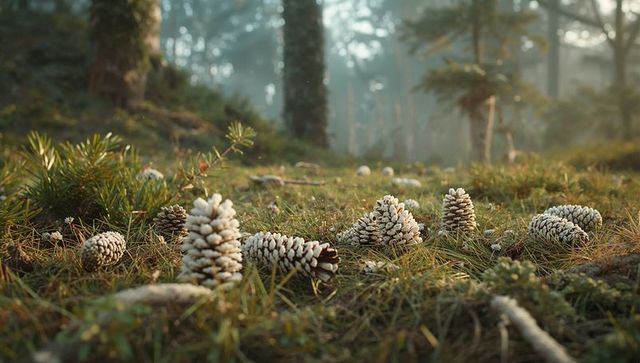Frost-covered pinecones on misty forest floor in tranquil nature scenery