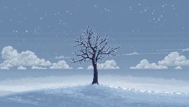 Solitary leafless tree standing on snowy hill under starry snowfall in blue pixel art