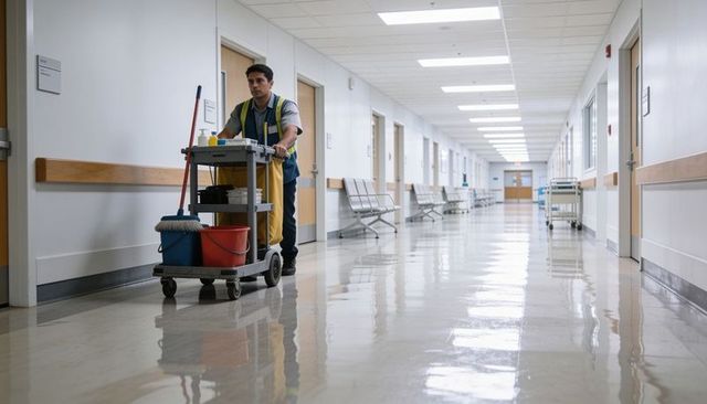 Janitor walking and pushing cleaning cart in bright polished hospital corridor with mop