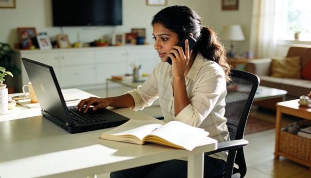 Indian woman working from home on laptop and phone, multitasking at sunlit desk