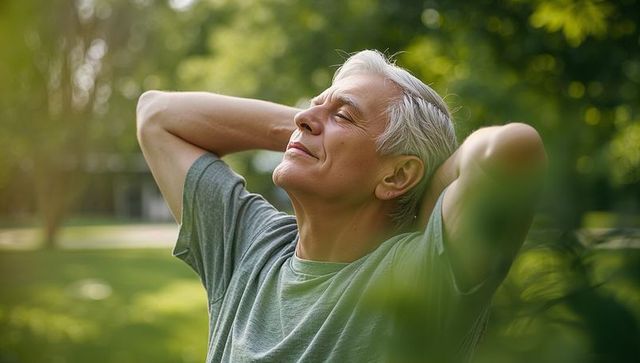 Senior man relaxing in sunlit park with eyes closed, enjoying peaceful nature