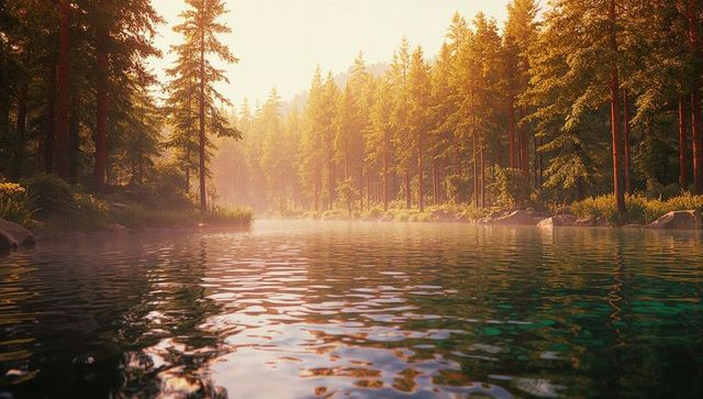 Serene sunrise over river with misty pine forest reflection