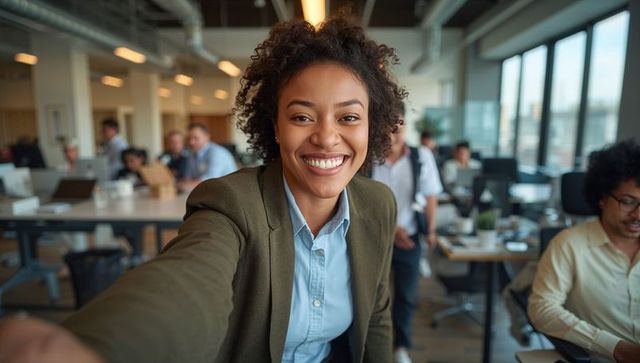 Businesswoman Taking Selfie in Modern Open-Plan Office