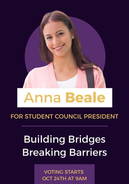 This vibrant poster features a student council candidate with a cheerful smile, offering a strong message of unity and progress. Ideal for promoting student elections and encouraging school participation. The clear text and striking visuals can be used for social media campaigns, school bulletin boards, and print materials to boost student engagement.
