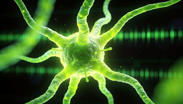 Bioluminescent neuron-like cell glowing and radiating filamentous processes in neon green