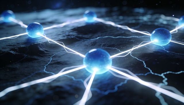 Glowing blue network nodes connected by electric filaments on dark textured surface