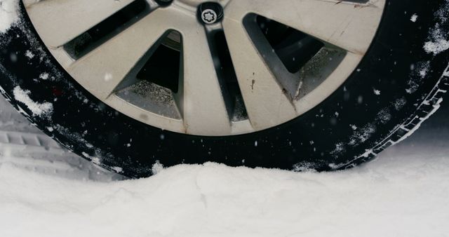 Close-up view of a car wheel partially covered in snow. Ideal for winter driving tips, automotive safety, weather-related blogs, and vehicle maintenance guides. Suitable for illustrating road conditions during snowfall and related seasonal content.
