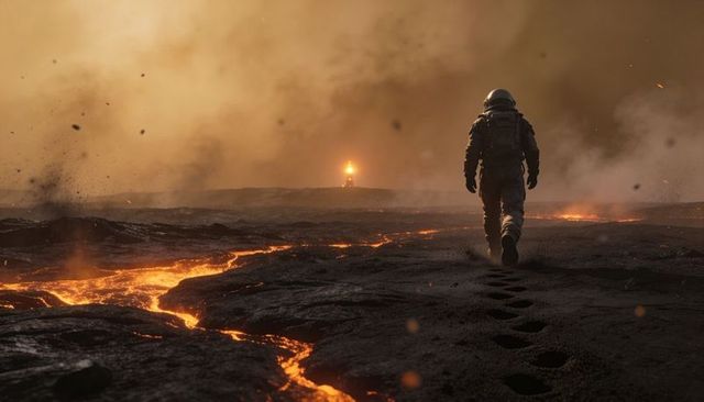 Astronaut Walking Lava Field Toward Beacon at Dusk, Leaving Footprints on Volcanic Plain