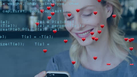 Woman Smiling at Smartphone with Overlay of Code and Hearts