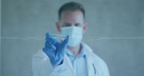 Masked Doctor Holding Vaccine Vial with Digital Overlay