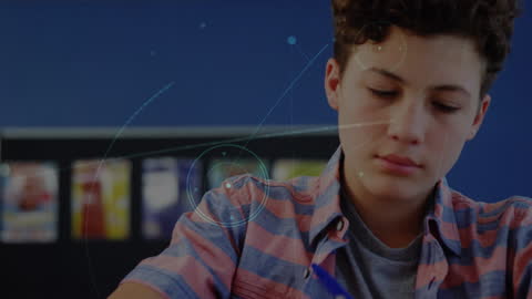 Young Boy Learning with Futuristic Technology Overlay in Classroom