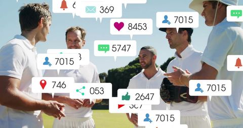 Cricket Players Engaged with Social Media Interaction Icons Overlay