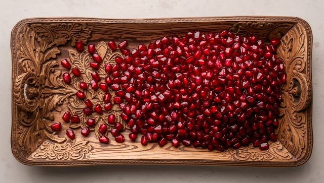 Carved wooden tray filled with glossy pomegranate arils on marble surface