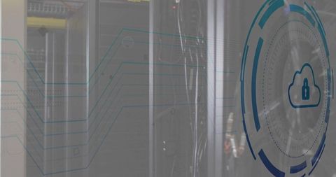 Cloud security hud overlay on server rack in data center showing encryption and network circuitry