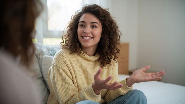 Smiling woman gesturing while chatting on sunlit bed wearing chunky knit sweater