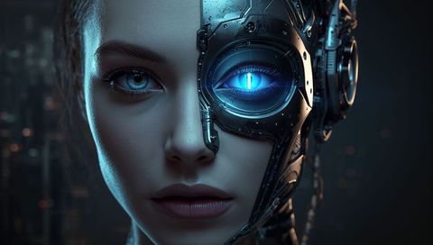 Futuristic Female Cyborg with Glowing Blue Eye in High-Tech Lab