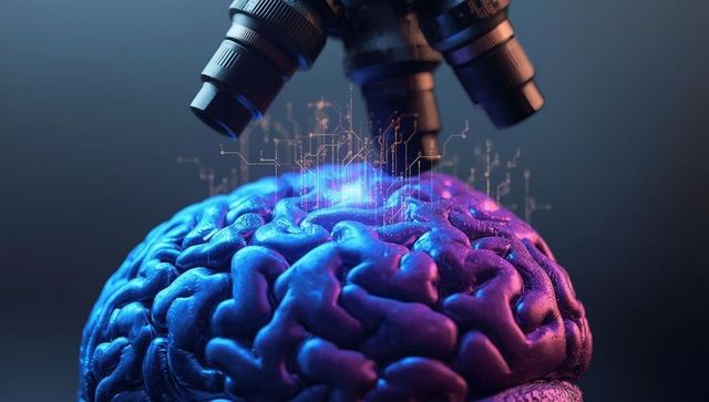 Futuristic brain concept under microscopy with digital circuit