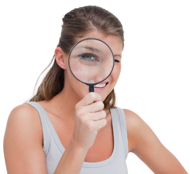 Woman Holding Magnifying Glass with One Eye Enlarged Transparent Background - Download Free Stock Videos Pikwizard.com