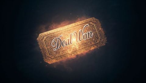 Glowing ornate golden ticket 'deal won' floating on dark smoky background, embossed filigree