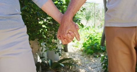 Senior Couple Holding Hands Strolling Through Lush Garden