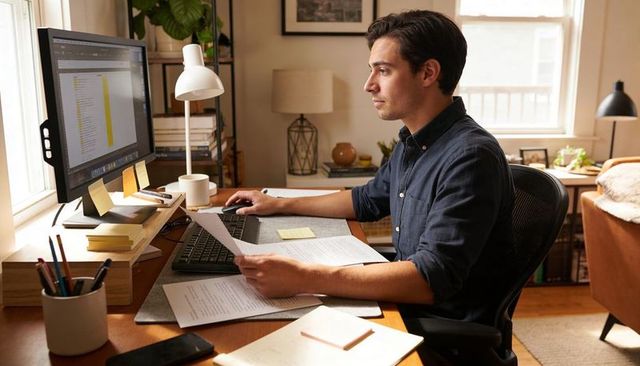 Working man reviewing documents at tidy home office workstation with monitor and daylight