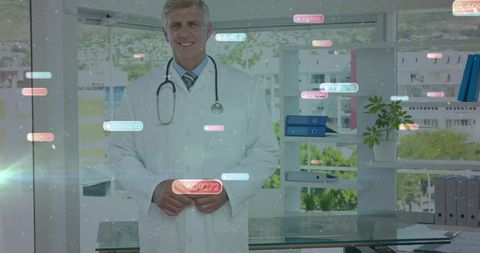 Smiling Male Doctor Surrounded by Digital Media Icons in Clinic