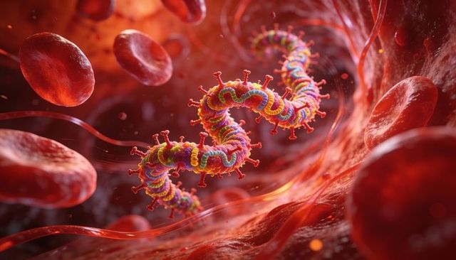 Colorful helical virus spiraling through blood vessel lumen with spike proteins and red cells