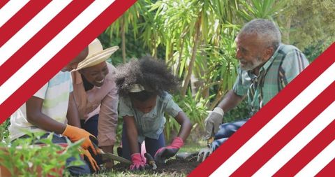 Multigenerational Family Joyfully Gardening with Patriotic Spirit
