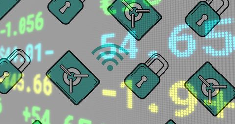 Digital finance security symbols overlapping stock data